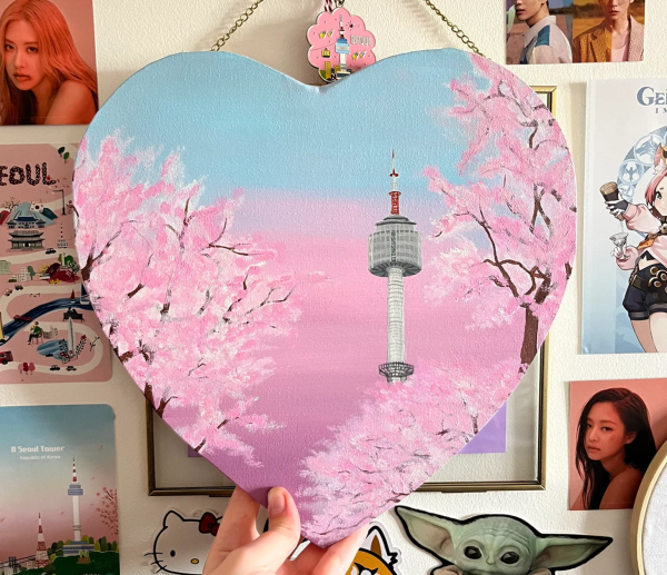 Seoul Tower Cherry Blossom Acrylic Painting on Heart Shaped Canvas