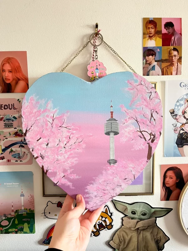 Seoul Tower Cherry Blossom Acrylic Painting on Heart Shaped Canvas - Image 2